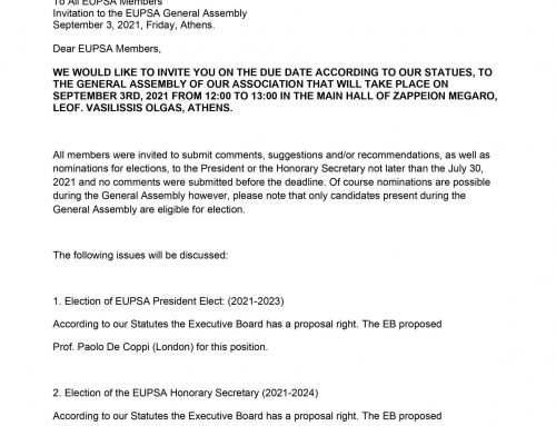 Invitation to the EUPSA General Assembly  September 3, 2021, Friday, Athens