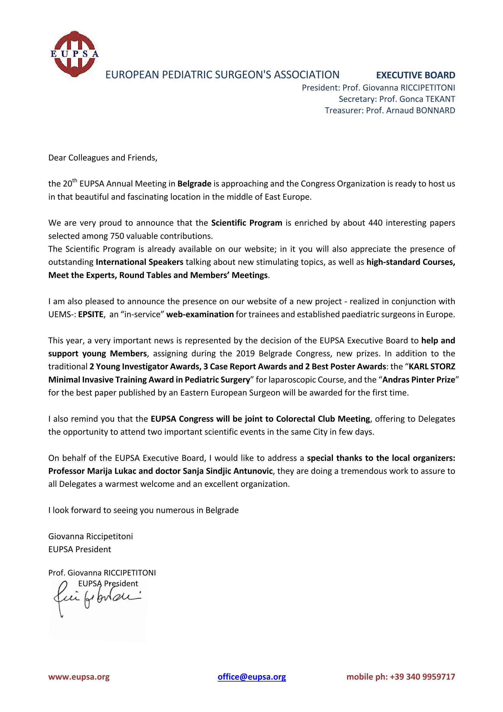 EUPSA President Letter April 2019
